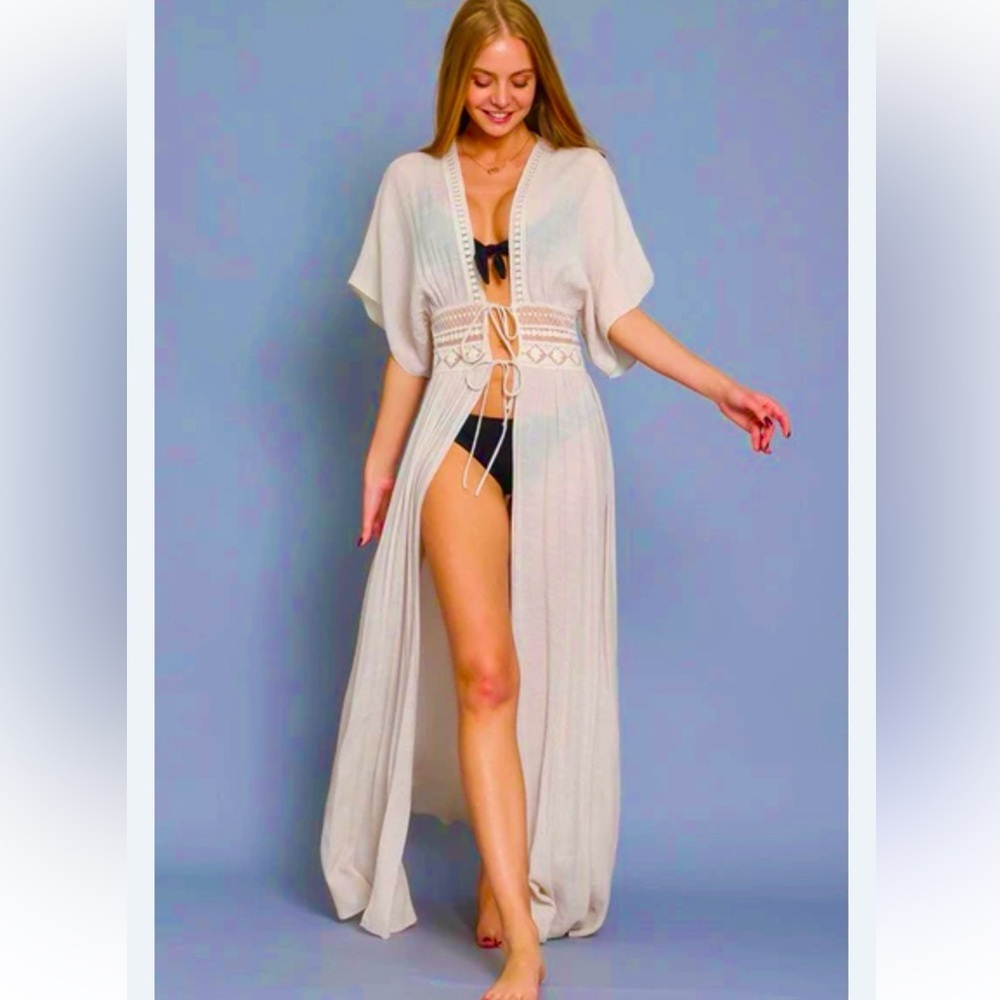 Rebellion Again taupe boho embroidered lace kimono duster swim cover up size M